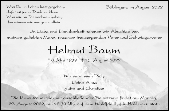 Traueranzeige von Helmut Baum von Leonberger Kreiszeitung / Strohgäu Extra