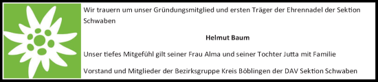 Traueranzeige von Helmut Baum von Leonberger Kreiszeitung / Strohgäu Extra