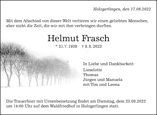 Traueranzeige von Helmut Frasch von Leonberger Kreiszeitung / Strohgäu Extra