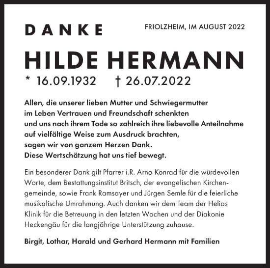 Traueranzeige von Hilde Hermann von Leonberger Kreiszeitung / Strohgäu Extra