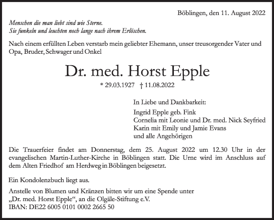 Traueranzeige von Horst Epple von Leonberger Kreiszeitung / Strohgäu Extra