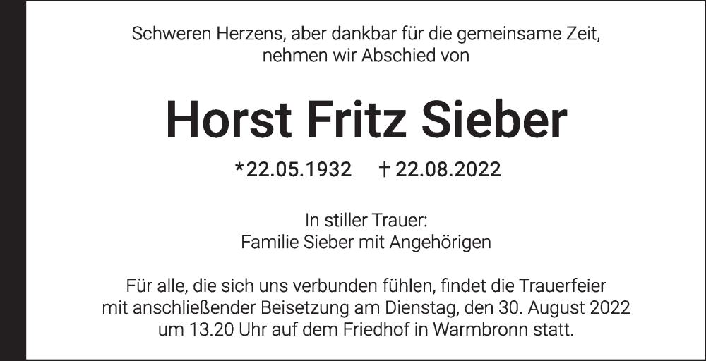  Traueranzeige für Horst Fritz Sieber vom 26.08.2022 aus Leonberger Kreiszeitung / Strohgäu Extra