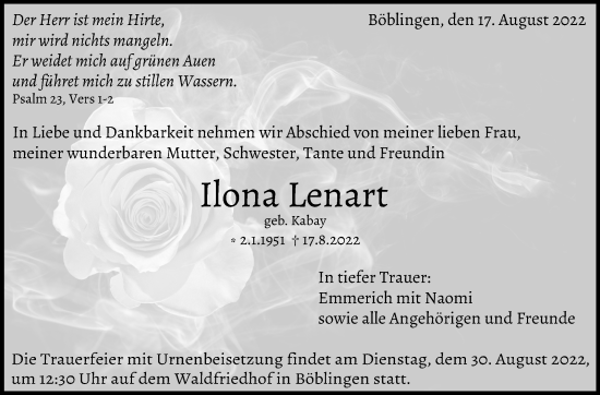 Traueranzeige von Ilona Lenart von Leonberger Kreiszeitung / Strohgäu Extra