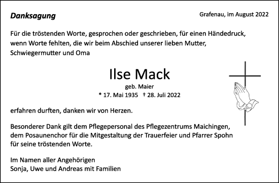 Traueranzeige von Ilse Mack von Leonberger Kreiszeitung / Strohgäu Extra