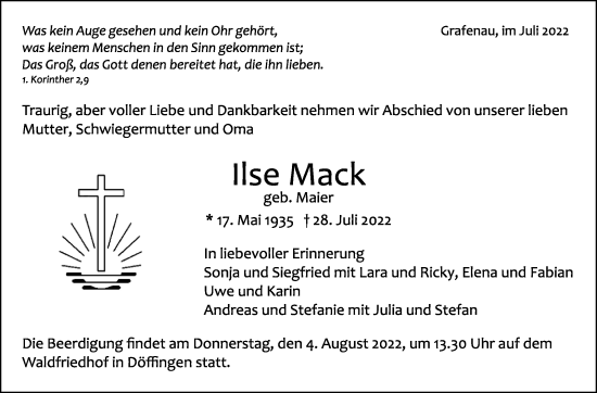Traueranzeige von Ilse Mack von Leonberger Kreiszeitung / Strohgäu Extra