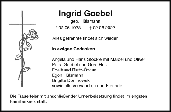 Traueranzeige von Ingrid Goebel von Leonberger Kreiszeitung / Strohgäu Extra