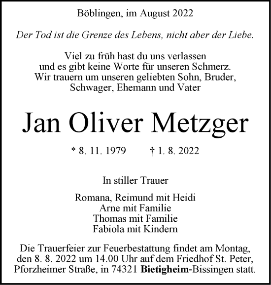 Traueranzeige von Jan Oliver Metzger von Leonberger Kreiszeitung / Strohgäu Extra