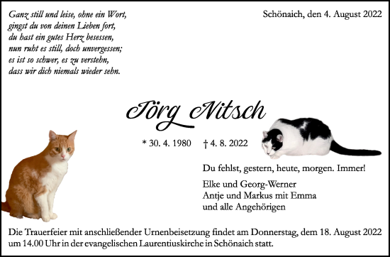 Traueranzeige von Jörg Nitsch von Leonberger Kreiszeitung / Strohgäu Extra