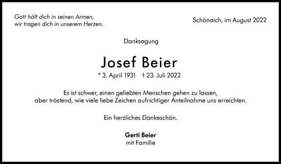 Traueranzeige von Josef Beier von Leonberger Kreiszeitung / Strohgäu Extra