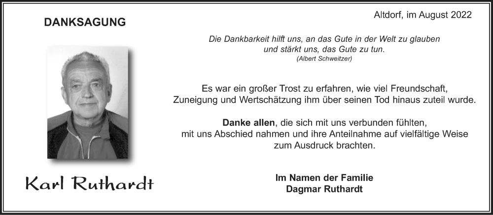  Traueranzeige für Karl Ruthardt vom 06.08.2022 aus Leonberger Kreiszeitung / Strohgäu Extra