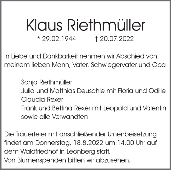 Traueranzeige von Klaus Riethmüller von Leonberger Kreiszeitung / Strohgäu Extra