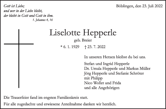 Traueranzeige von Liselotte Hepperle von Leonberger Kreiszeitung / Strohgäu Extra