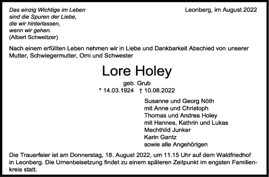 Traueranzeige von Lore Holey von Leonberger Kreiszeitung / Strohgäu Extra