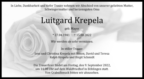 Traueranzeige von Luitgard Krepela von Leonberger Kreiszeitung / Strohgäu Extra