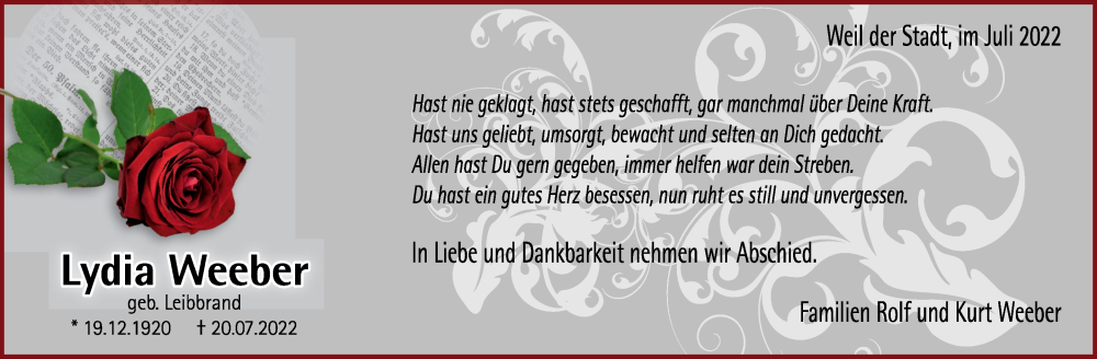  Traueranzeige für Lydia Weeber vom 02.08.2022 aus Leonberger Kreiszeitung / Strohgäu Extra