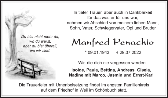 Traueranzeige von Manfred Penachio von Leonberger Kreiszeitung / Strohgäu Extra