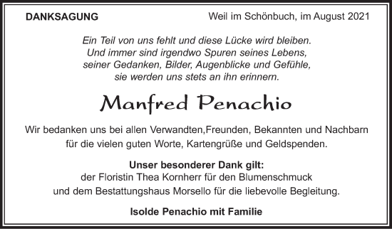 Traueranzeige von Manfred Penachio von Leonberger Kreiszeitung / Strohgäu Extra