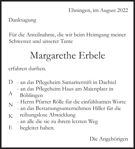 Traueranzeige von Margarethe Erbele von Leonberger Kreiszeitung / Strohgäu Extra