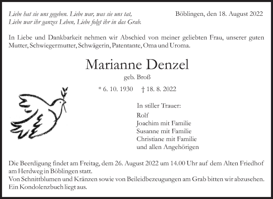 Traueranzeige von Marianne Denzel von Leonberger Kreiszeitung / Strohgäu Extra