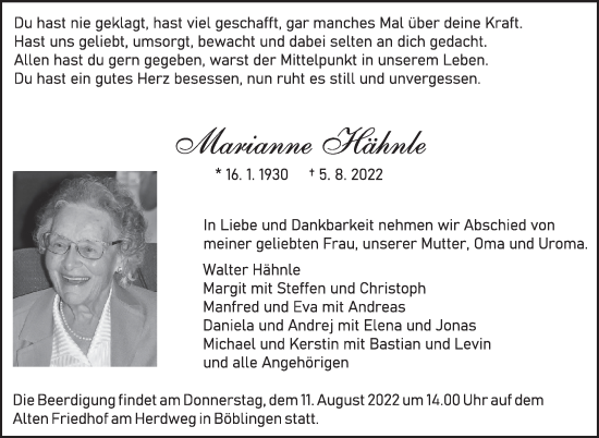 Traueranzeige von Marianne Hähnle von Leonberger Kreiszeitung / Strohgäu Extra