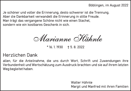 Traueranzeige von Marianne Hähnle von Leonberger Kreiszeitung / Strohgäu Extra