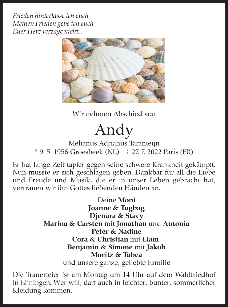  Traueranzeige für Melianus Adrianus Taranteijn vom 06.08.2022 aus Leonberger Kreiszeitung / Strohgäu Extra