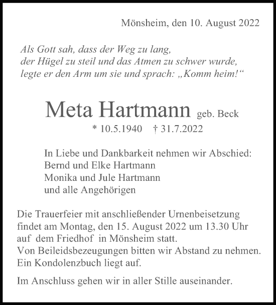 Traueranzeige von Meta Hartmann von Leonberger Kreiszeitung / Strohgäu Extra