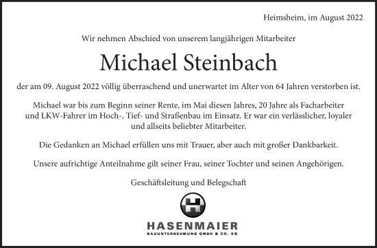 Traueranzeige von Michael Steinbach von Leonberger Kreiszeitung / Strohgäu Extra