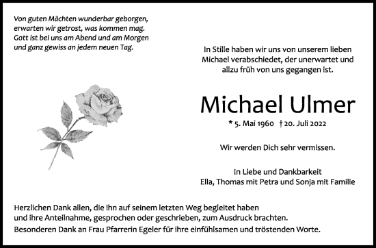 Traueranzeige von Michael Ulmer von Leonberger Kreiszeitung / Strohgäu Extra