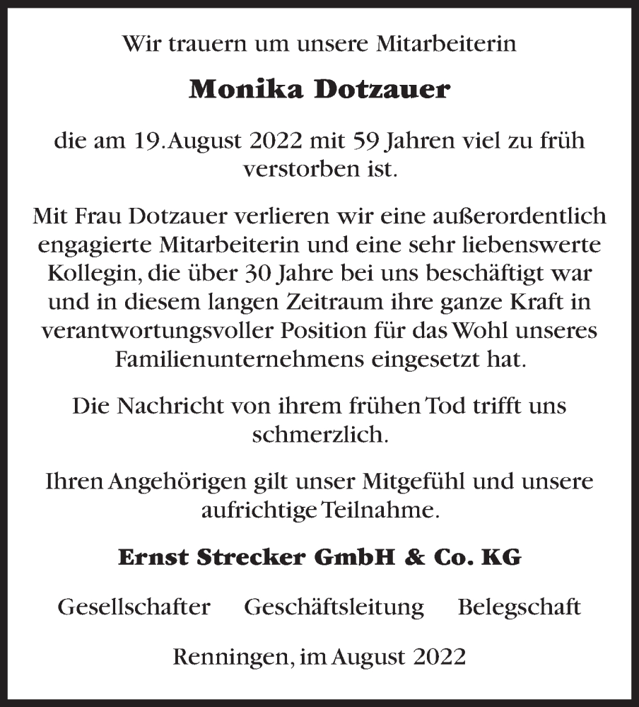  Traueranzeige für Monika Dotzauer vom 27.08.2022 aus Leonberger Kreiszeitung / Strohgäu Extra