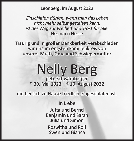 Traueranzeige von Nelly Berg von Leonberger Kreiszeitung / Strohgäu Extra