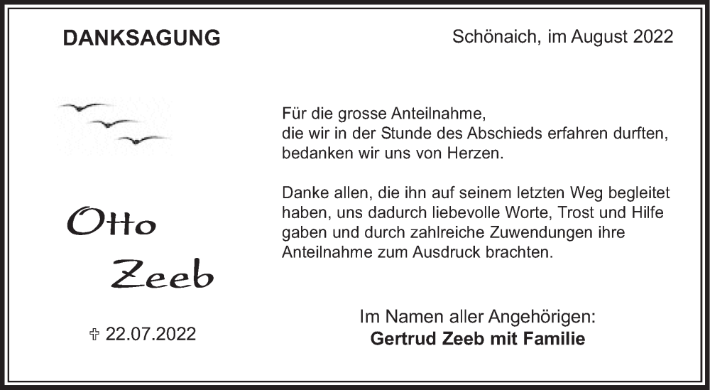  Traueranzeige für Otto Zeeb vom 20.08.2022 aus Leonberger Kreiszeitung / Strohgäu Extra