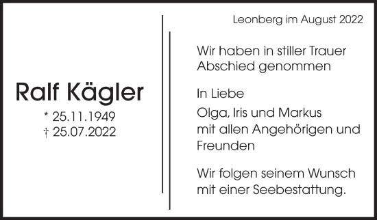 Traueranzeige von Ralf Kägler von Leonberger Kreiszeitung / Strohgäu Extra