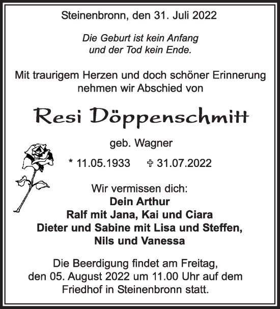 Traueranzeige von Resi Döppenschmitt von Leonberger Kreiszeitung / Strohgäu Extra