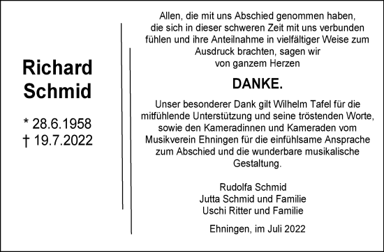 Traueranzeige von Richard Schmid von Leonberger Kreiszeitung / Strohgäu Extra