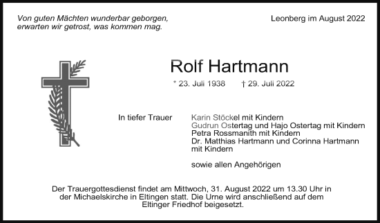 Traueranzeige von Rolf Hartmann von Leonberger Kreiszeitung / Strohgäu Extra