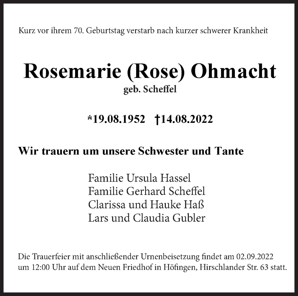  Traueranzeige für Rosemarie Ohmacht vom 27.08.2022 aus Leonberger Kreiszeitung / Strohgäu Extra