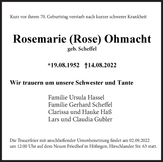 Traueranzeige von Rosemarie Ohmacht von Leonberger Kreiszeitung / Strohgäu Extra