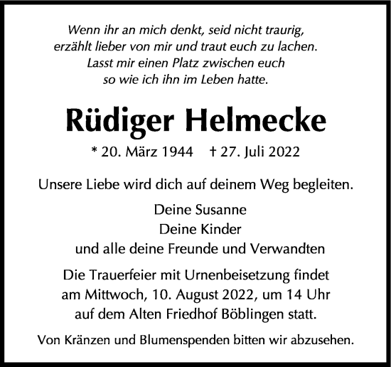 Traueranzeige von Rüdiger Helmecke von Leonberger Kreiszeitung / Strohgäu Extra