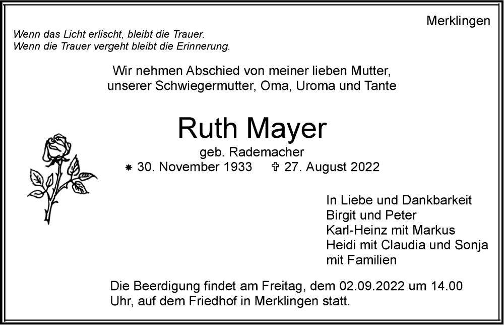  Traueranzeige für Ruth Mayer vom 31.08.2022 aus Leonberger Kreiszeitung / Strohgäu Extra