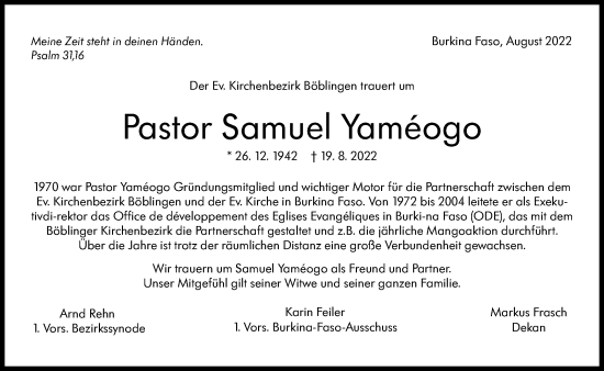 Traueranzeige von Samuel Yaméogo von Leonberger Kreiszeitung / Strohgäu Extra