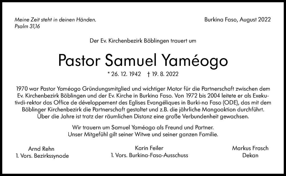  Traueranzeige für Samuel Yaméogo vom 27.08.2022 aus Leonberger Kreiszeitung / Strohgäu Extra