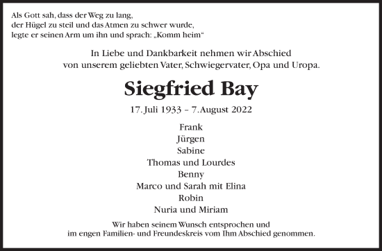 Traueranzeige von Siegfried Bay von Leonberger Kreiszeitung / Strohgäu Extra