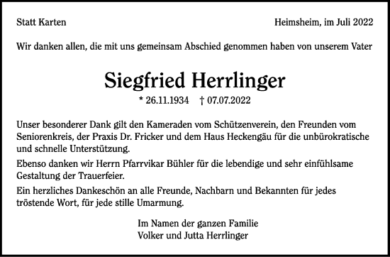 Traueranzeige von Siegfried Herrlinger von Leonberger Kreiszeitung / Strohgäu Extra