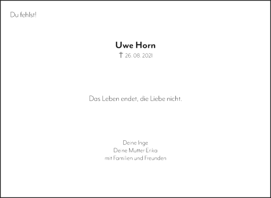 Traueranzeige von Uwe Horn von Leonberger Kreiszeitung / Strohgäu Extra