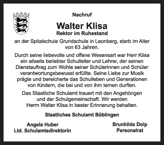 Traueranzeige von Walter Klisa von Leonberger Kreiszeitung / Strohgäu Extra