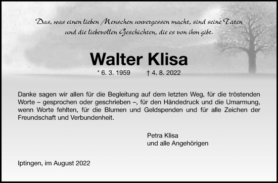 Traueranzeige von Walter Klisa von Leonberger Kreiszeitung / Strohgäu Extra