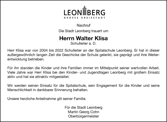 Traueranzeige von Walter Klisa von Leonberger Kreiszeitung / Strohgäu Extra