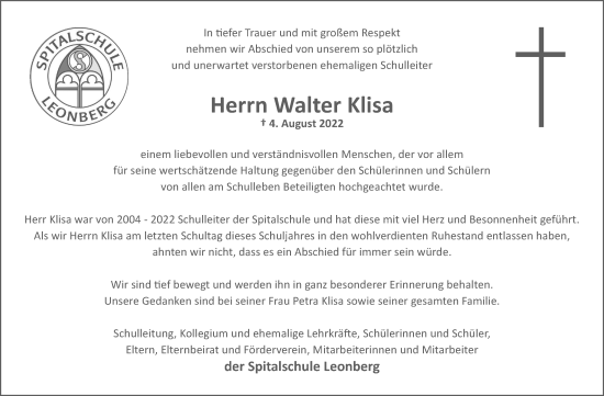 Traueranzeige von Walter Klisa von Leonberger Kreiszeitung / Strohgäu Extra