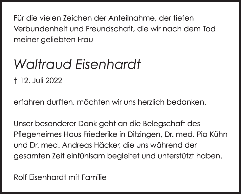  Traueranzeige für Waltraud Eisenhardt vom 06.08.2022 aus Leonberger Kreiszeitung / Strohgäu Extra